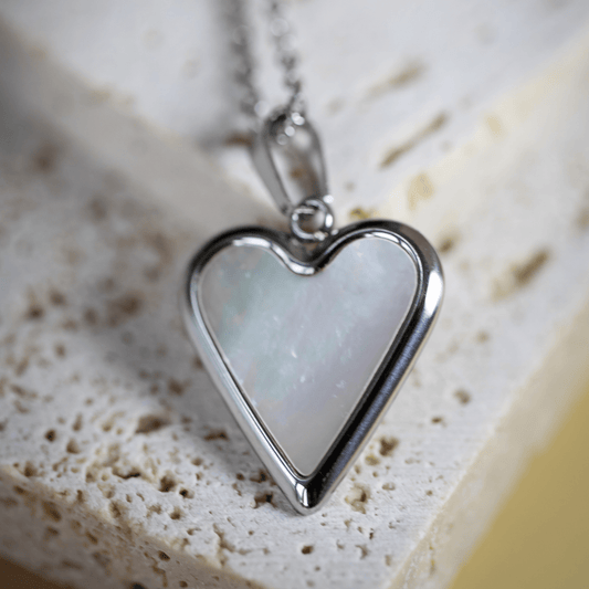 Silver Seraphina Heart Necklace with luminous shell sheen and modern design