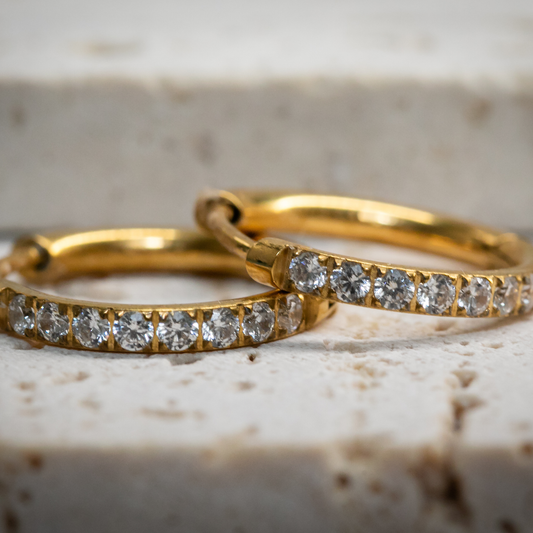 Éclat Hoops gold crystal huggie earrings with sparkling crystals and warm golden tone